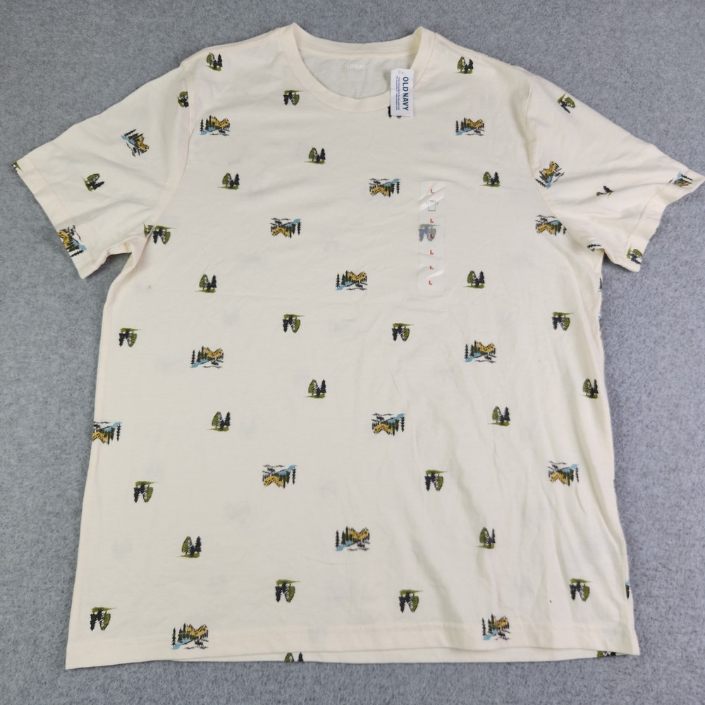 Old Navy T-Shirt Mens Large Cream Mountain Tree Print Soft-Washed Short Sleeve